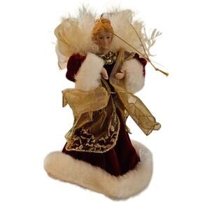 Christmas Angel Tree Topper 12" Tall Red White Porcelain Accents